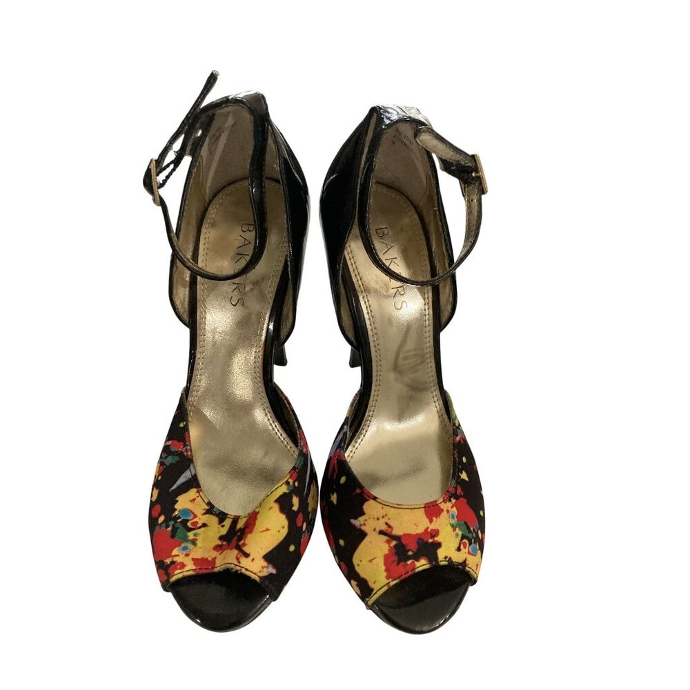 Bakers Women's size 5 Black Multicolor Peep-Toe Ankle Strap pump Heels